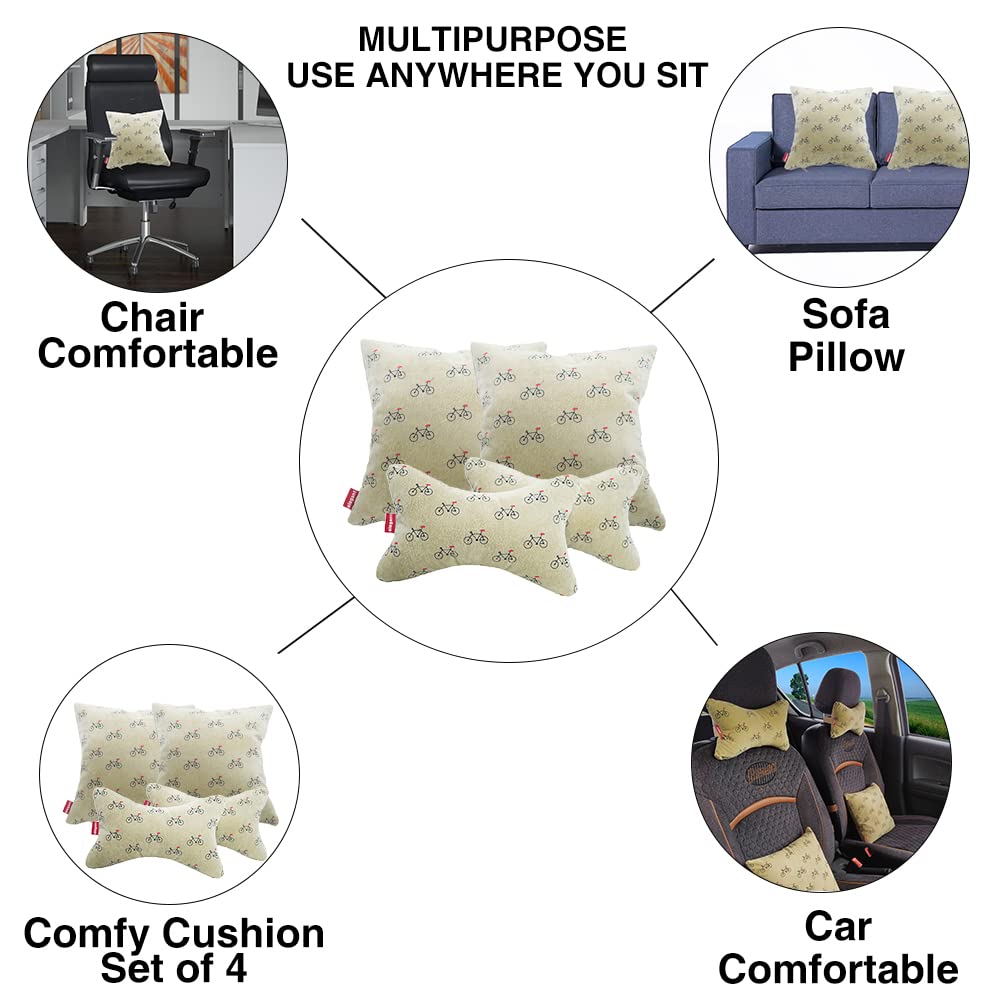 Elegant Car Comfy Pillow And Neck Rest Beige Cycle Set of 4 Design CU02 | Elegant Auto Retail