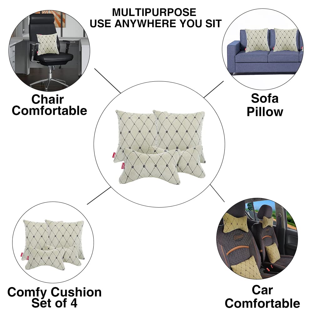 Elegant Car Comfy Pillow And Neck Rest Beige E Set of 4 Design CU01 | Elegant Auto Retail