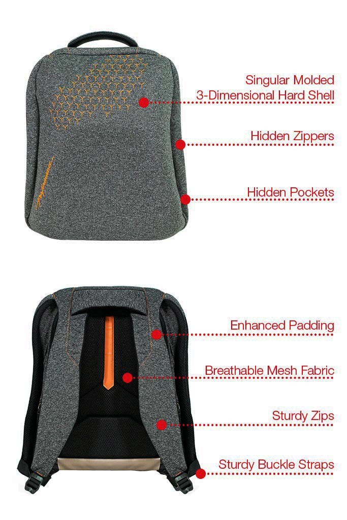 Performance Anti-Theft Hard Shell Backpack Grey and Orange