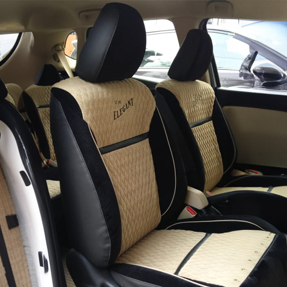Vintage Bucket Fit Fabric Car Seat Cover For Maruti Grand Vitara with Free Set of 4 Comfy Cushion & Neck Rest - Beige | Elegant Auto Retail