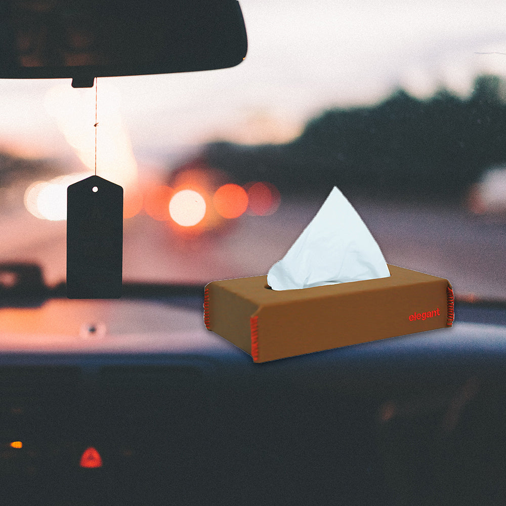 Nappa Leather Tissue Box Plain Tan And Red | Elegant Auto Retail