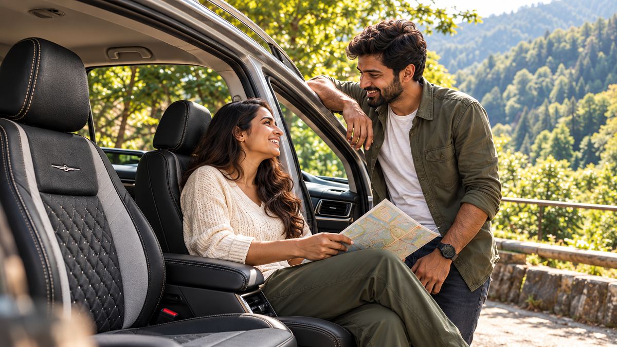 Two travelers sharing a relaxed moment beside a parked car on a scenic road trip.