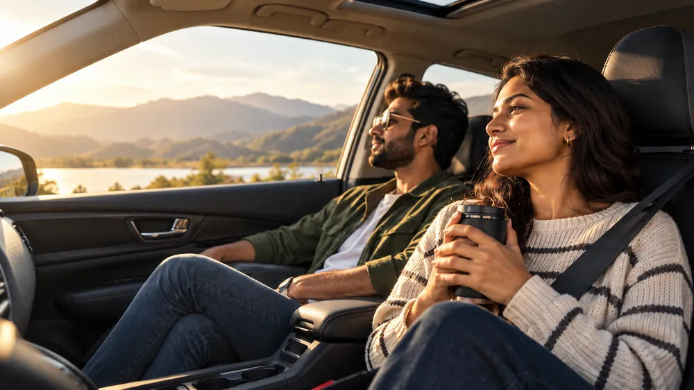 Illustrative SUV interior with two adults enjoying a relaxed travel moment; not verified Creta fitment.